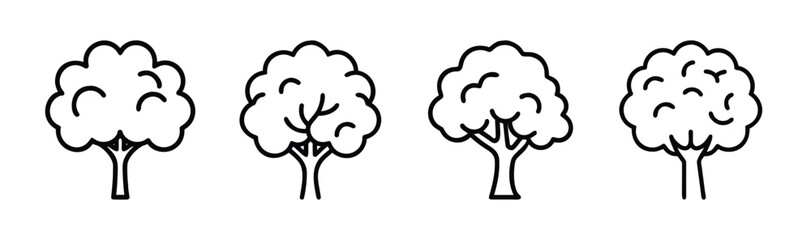 Four hand-drawn cottonwood tree icons with textured foliage and sturdy trunks