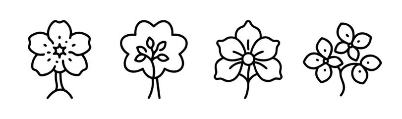 Four stylized flower and tree line art icons simple botanical elements for design
