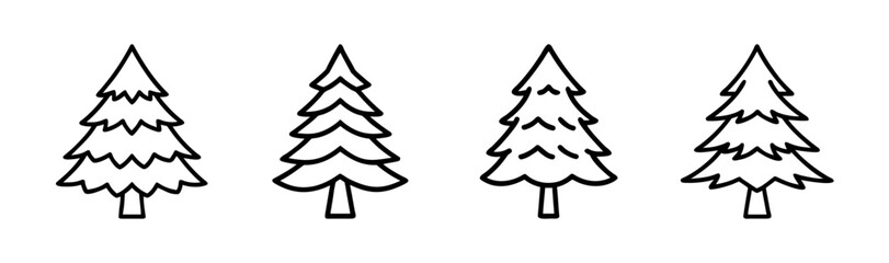 Four hand drawn outline douglas fir trees for winter holidays and forest designs