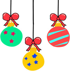 Red and green Christmas baubles with patterns and bows, cute winter holiday decoration design element for seasonal artwork