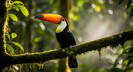 Vibrant toucan perched on a mossy branch in a lush rainforest