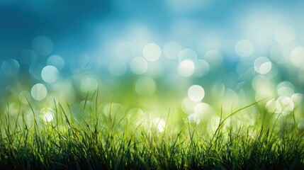 Obraz premium A serene meadow with dewy grass and a soft, blurry background, creating a tranquil and refreshing atmosphere.