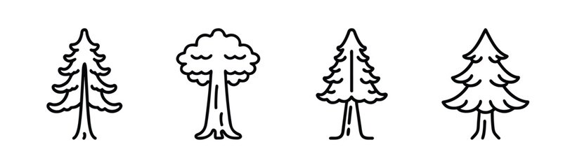 Four stylized coniferous trees and deciduous tree line art icons for design projects