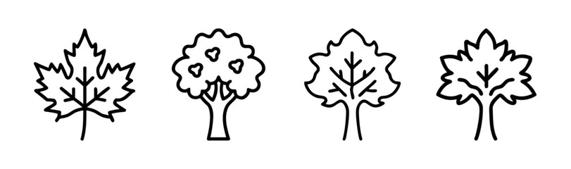 Four simple outline trees and leaf shapes representing different tree types