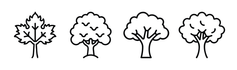 Four distinct stylized trees line drawing collection botanical nature elements simple outline art