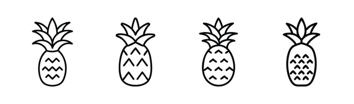 Four simple outline pineapples isolated tropical fruit graphics pattern