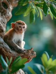 Young monkey sits perched on a branch amidst lush green foliage in a natural habitat
