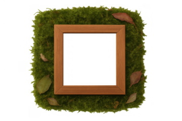 Wooden frame creating natural border on green moss with dry leaves, eco friendly concept, transparent background
