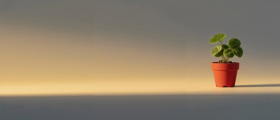 A small potted plant sits on a flat surface against a gradient background.
