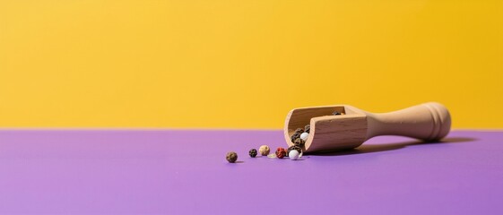 Wooden scoop with scattered colorful pills on purple and yellow background