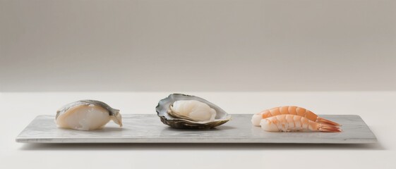 Three types of seafood presented on a rectangular plate: oyster, scallop, and shrimp