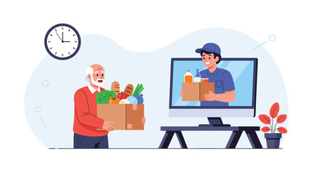 An elderly man receives a timely grocery delivery service at his home, with a friendly courier appearing on a computer screen, symbolizing convenient online shopping.
