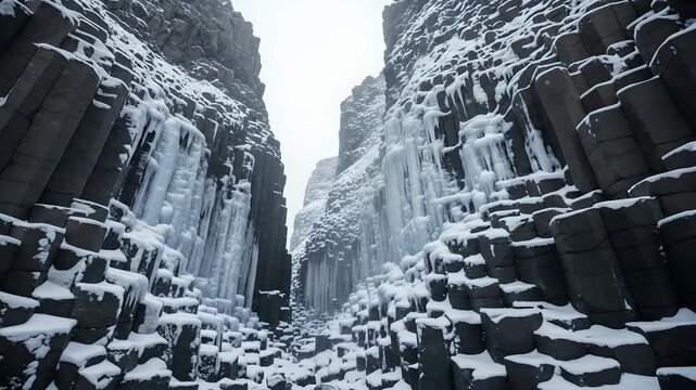Iceland's basalt columns canyon in winter. Cold weather, snow & ice. Travel concept, geology, stunning landscapes, adventure, tourism, natural wonders, geographic formations.
