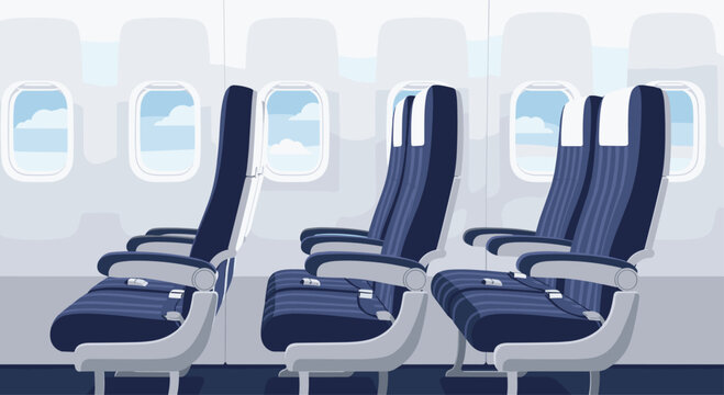 Empty blue airplane seats with white headrests and grey armrests inside a modern aircraft cabin, seen through windows revealing a bright sky and fluffy white clouds.