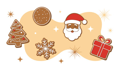 A cheerful collection of festive gingerbread cookies in various shapes, including a Christmas tree, Santa, snowflake, and gift box, celebrating the holiday season with sweet delight.