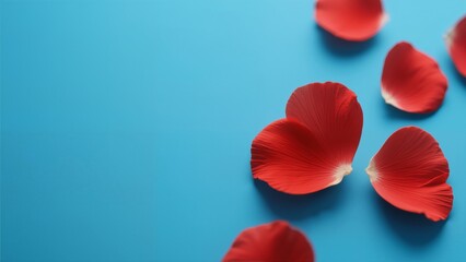 Red rose petals scattered on a blue background
