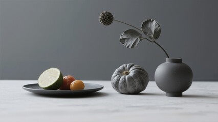 Minimalist still life with sliced cucumber, cherry tomatoes, small pumpkin, and dried plant in a gray vase on a white surface