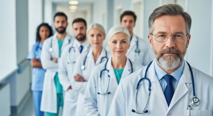 Medical Professionals on Duty: A dedicated team of medical professionals, donned in crisp white coats, stands united in a hospital corridor, exuding confidence and expertise.