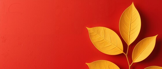 Fototapeta premium Golden leaves on a red background