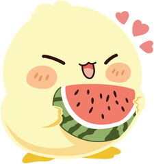 Funny baby chicken holding watermelon piece, kawaii animal eating fruit, playful summer design for children’s content