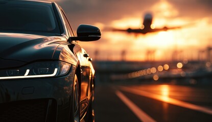 Close-up of a sleek modern car parked on an empty road during sunset with vibrant sky
