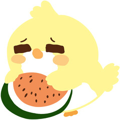 Smiling cartoon chick enjoying watermelon, cute character illustration perfect for stickers, kids books, and summer decoration