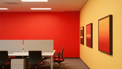 Modern office space with red and yellow walls, desks, chairs, and framed artwork