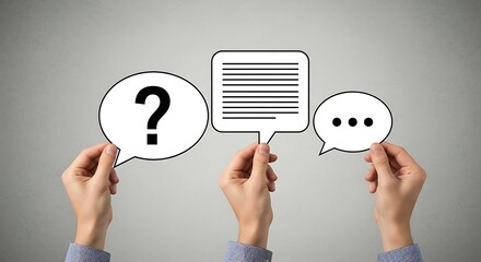 Hands holding question mark text bubble and ellipses communication concept