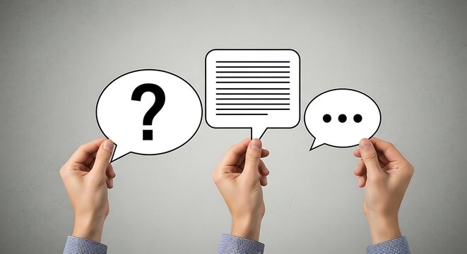 Hands holding question mark text bubble and ellipses communication concept