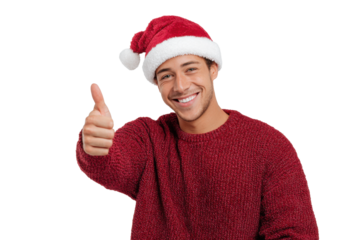 Smiling young man wearing red sweater and Santa hat showing thumbs up, expressing cheerful Christmas spirit, festive celebration, and joyful holiday mood