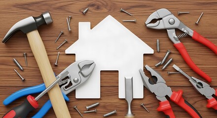 Home improvement concept tools and house shaped object on wood background