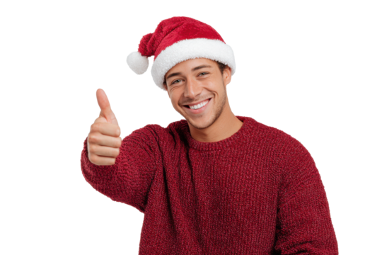 Smiling young man wearing red sweater and Santa hat showing thumbs up, expressing cheerful Christmas spirit, festive celebration, and joyful holiday mood