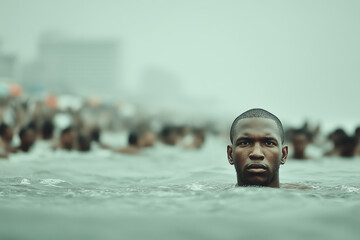 Young man swimming in ocean with crowded beach in background under overcast sky