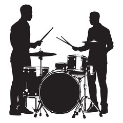 set of black drummer musician drumming drums vector silhouettes isolated on white background