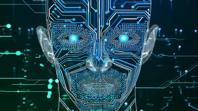 Futuristic digital face composed of circuit board patterns with glowing eyes