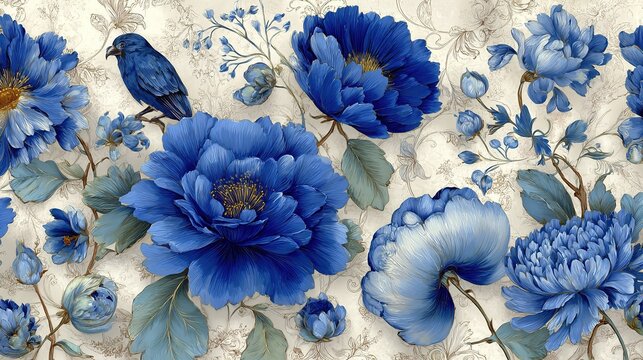 Blue and white floral pattern on cream background in Rococo style, vintage watercolor toile for wallpaper and decor