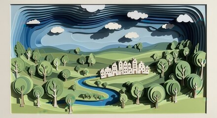 Layered paper collage with gentle shadows and 3D effect