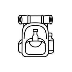 Travel backpack vector graphic, hiking bag with rolled mat, water bottles, outdoor equipment