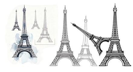 Obraz premium Eiffel Tower Illustrations - A Collection of Parisian Landmarks.