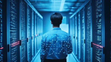 Navigating the Server Room: Data Center Engineer Inspecting Hardware and Security Systems - Powered by Adobe