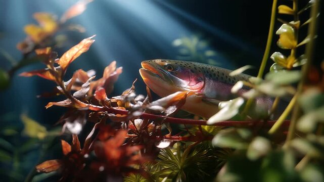 Abstract composition &mdash; glowing trout body partially visible behind blurred aquatic plants, cinematic light rays, with copy space.