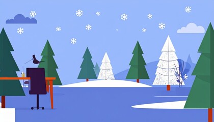 Digital illustration of snowflakes falling against winter landscape with trees