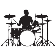 set of black drummer musician drumming drums vector silhouettes isolated on white background
