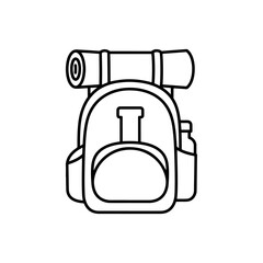 Outline icon of a hiking backpack, complete with a rolled sleeping bag and water bottle for adventure