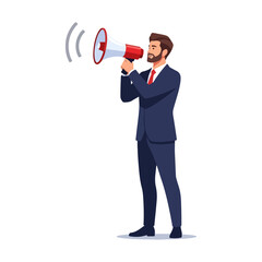 Fototapeta premium Professional man in suit making announcement with megaphone, conveying message, vector illustration