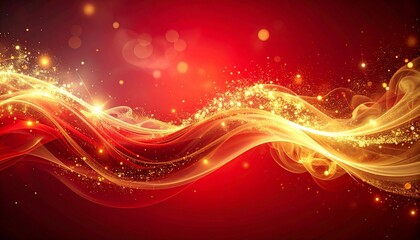 Obraz premium Elegant golden light waves with shimmering sparkles and glowing particles on a vibrant red festive background