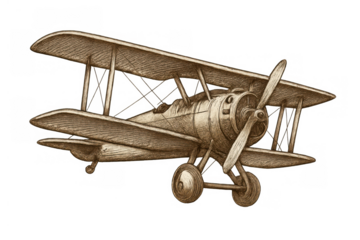 Vintage biplane airplane drawing in sepia tone, classic aviation sketch with propeller and landing gear on transparent background