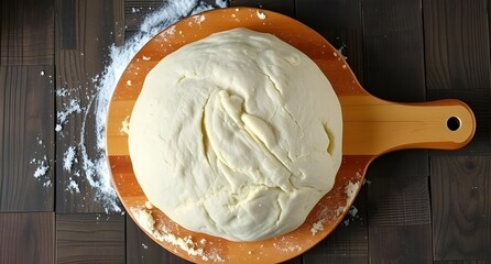 bread dough with flour on the wooden board, top view, high detailed