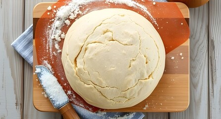 bread dough with flour on the wooden board, top view, high detailed