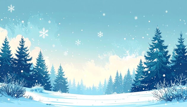 Digital illustration of snowflakes falling against winter landscape with trees